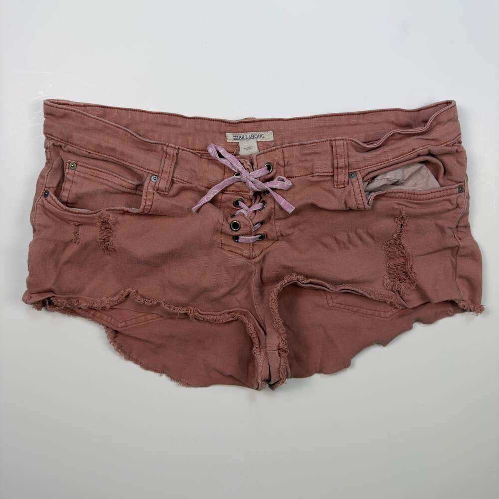 Billabong Reckless Low Rise Mauve Lace Up Distressed Denim Shorts